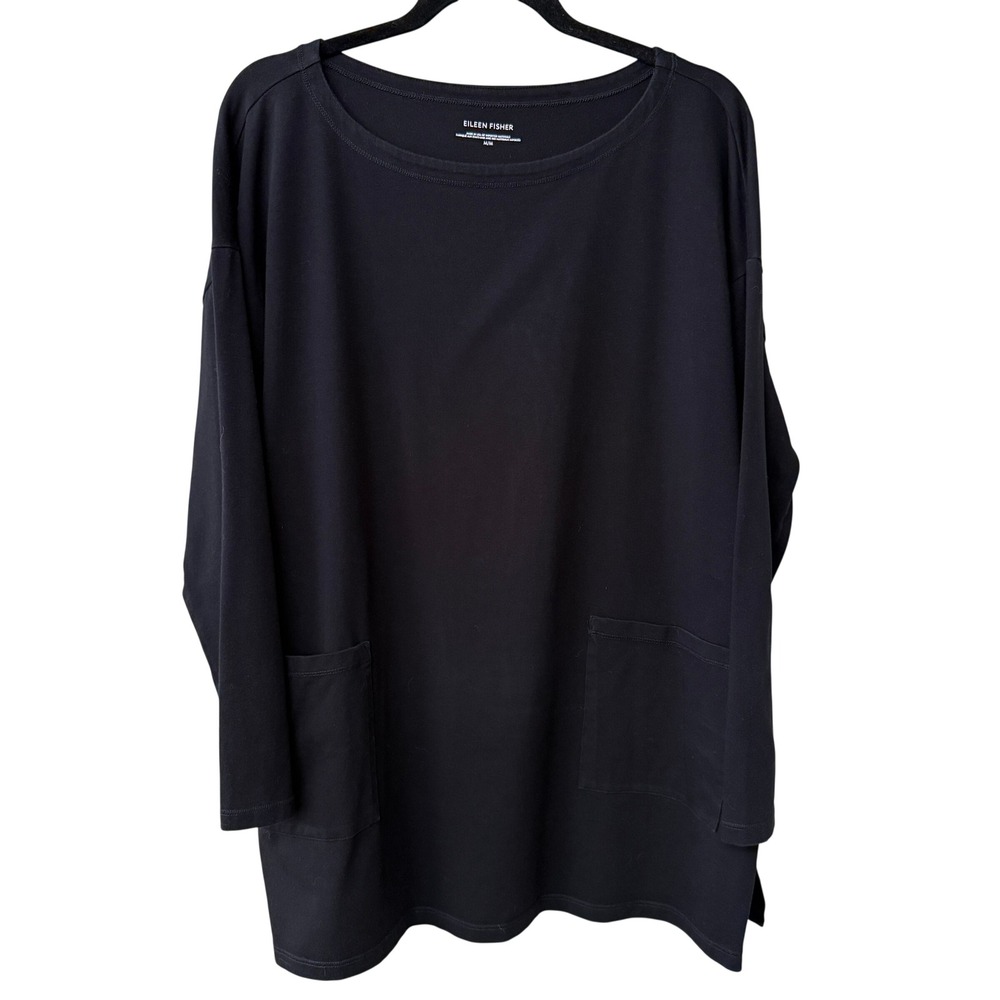 Eileen Fisher Women Patch Pocket Boat Neck Tunic Top Organic Cotton Size M Black